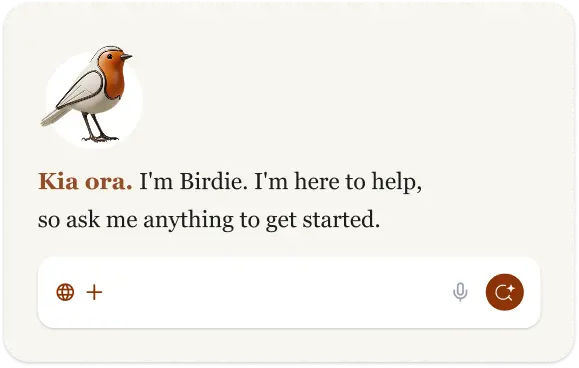 Example Lupo chat widget branded as Birdie for a council website, with a robin bird mascot